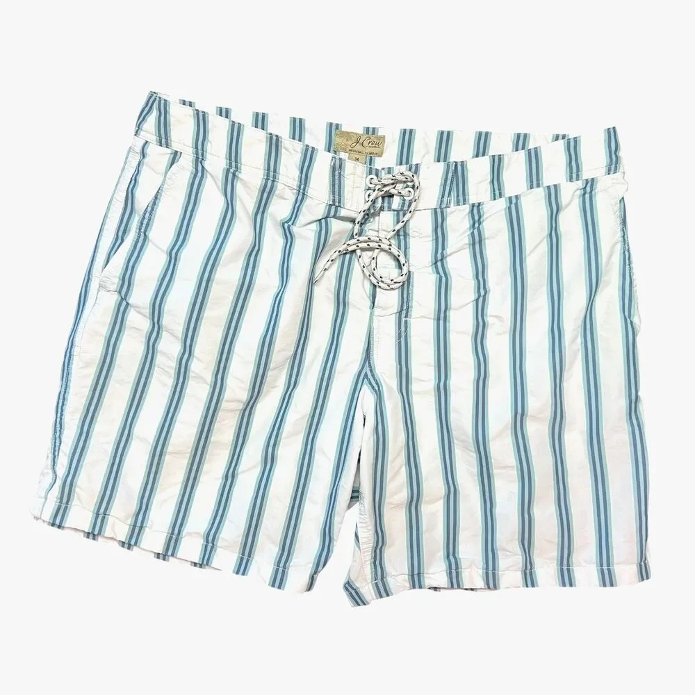 J.Crew Men's Stripe Lined Swim Board Shorts Swim Beach Size 34 White Blue J Crew